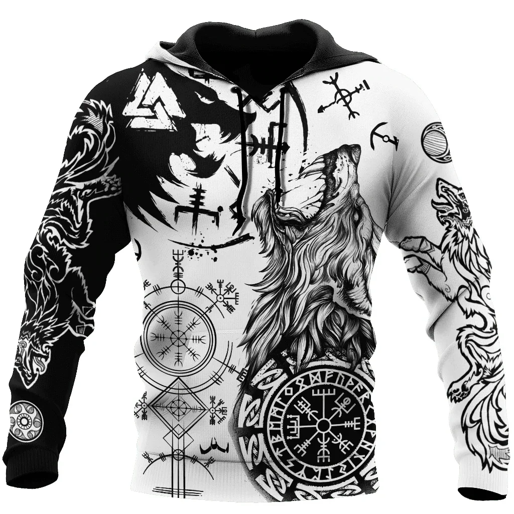 2024 New Style Wolf Tattoo Vegvisir Black White 3D All Over Printed Men's Hoodie &amp Sweatshirt Unisex Casual Autumn Tracksuits