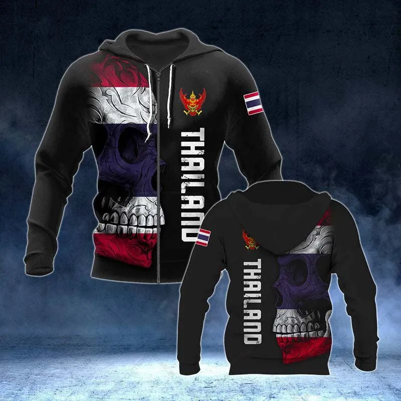 Толстовка унисекс на молнии с принтом тайского эмблемы и черепа