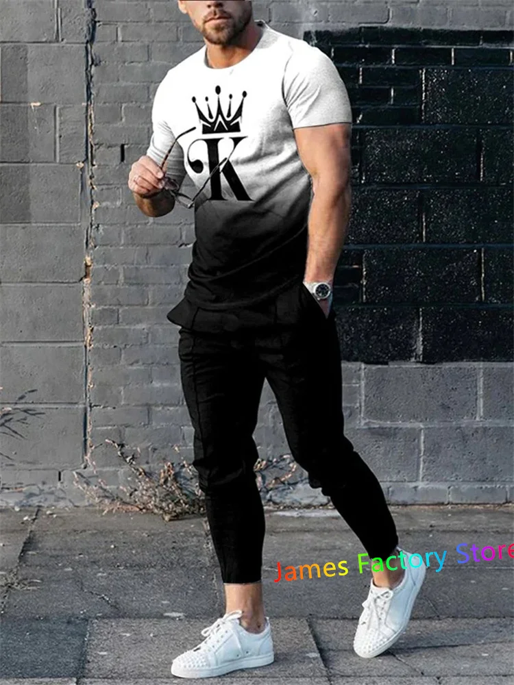 Fashion 2 Piece Set Men Tshirt Long Pant Suit Tracksuit Printed Outfits Sportswear Short Sleeve Streetwear Oversized Jogging Set