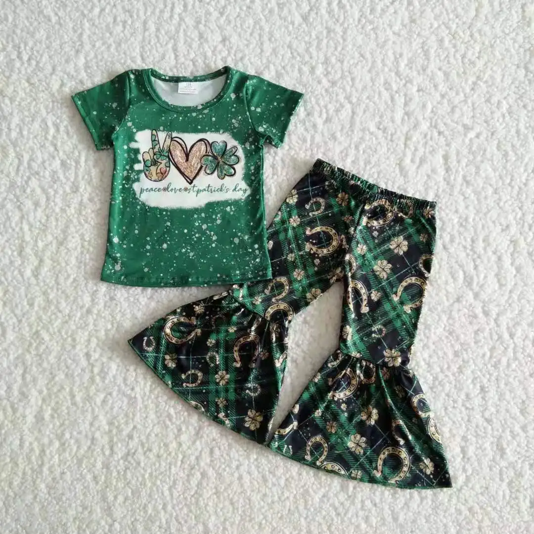 

RTS девочки-малыша Green Новый дизайн Love Four Leaf cloверсия хлопковая короткая рубашка с рукавом и темно-зеленым низом