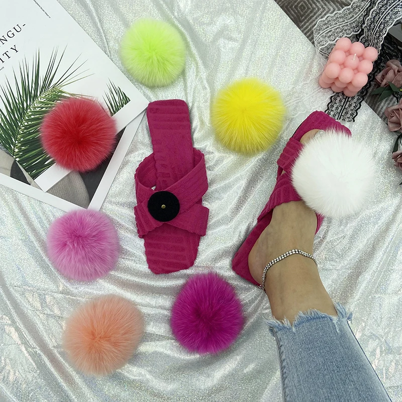 Summer Slides Women Cotton Fabric Real Fur Slippers Ladies Flats Fur Sandals 2022 Luxury Fluffy Flip Flops House Slippers Shoes