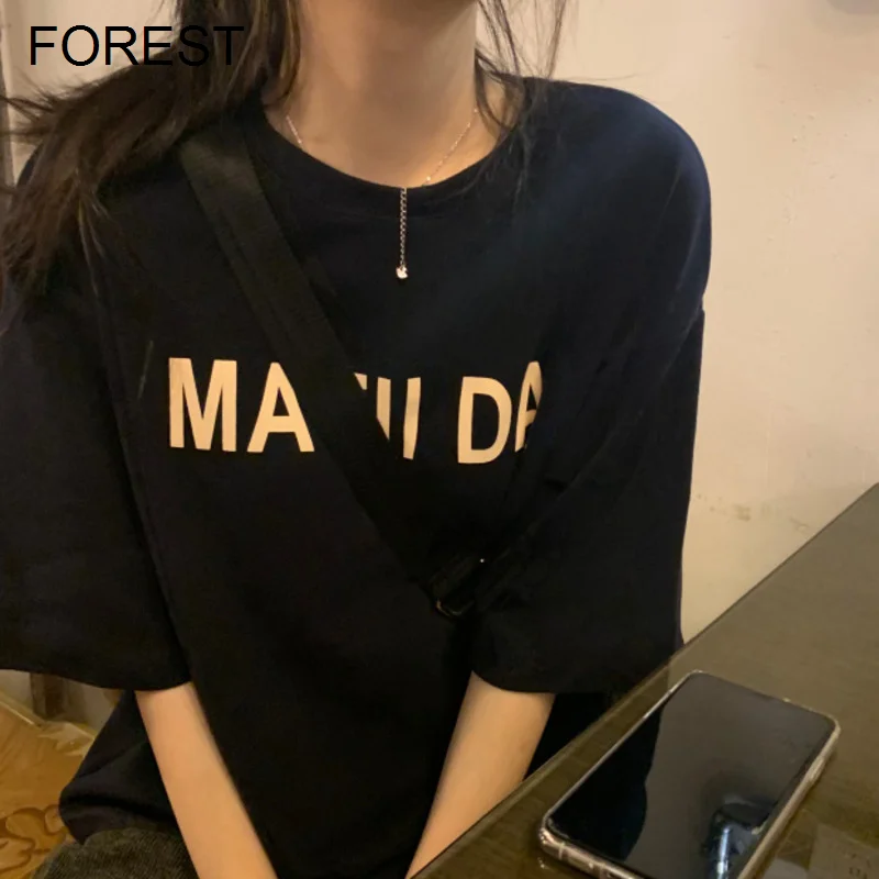 

Футболка женская хлопковая в стиле ретро, свободная рубашка с коротким рукавом, в Корейском стиле, в стиле хип-хоп/жареная уличная одежда, ле...