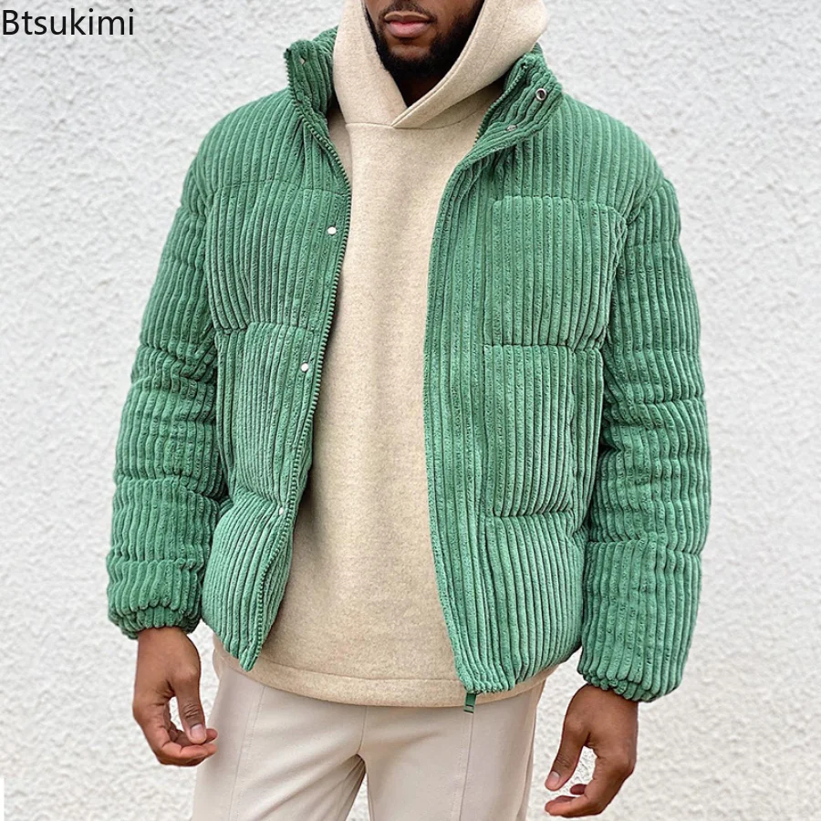 New 2022 Autumn Winter Men's Green Corduroy Jacket Fashion Casual Bread Warm Jacket Thick Parker Cotton Corduroy Jacket Male