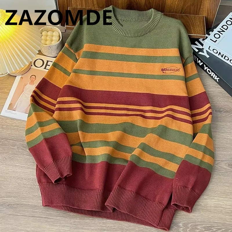 ZAZOMDE Unisex Streetwear Retro Striped Sweater Men Vintage Knitted Sweater Hip Hop Pullover Unisex Harajuku Sweater Soft Y2K