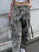 weiyao ribbons pockets streetwear cargos hippie harem pants women button up low waist casual baggy trousers korean fashion