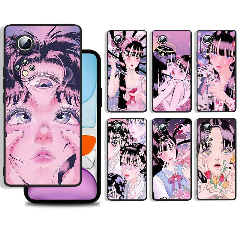 

Shintaro kago Horror cartoons Cover For Huawei P50 P40 P30 P20 Lite 5G Nova Plus 9 SE Pro 5T Y9S Y9 Prime Black Phone Case