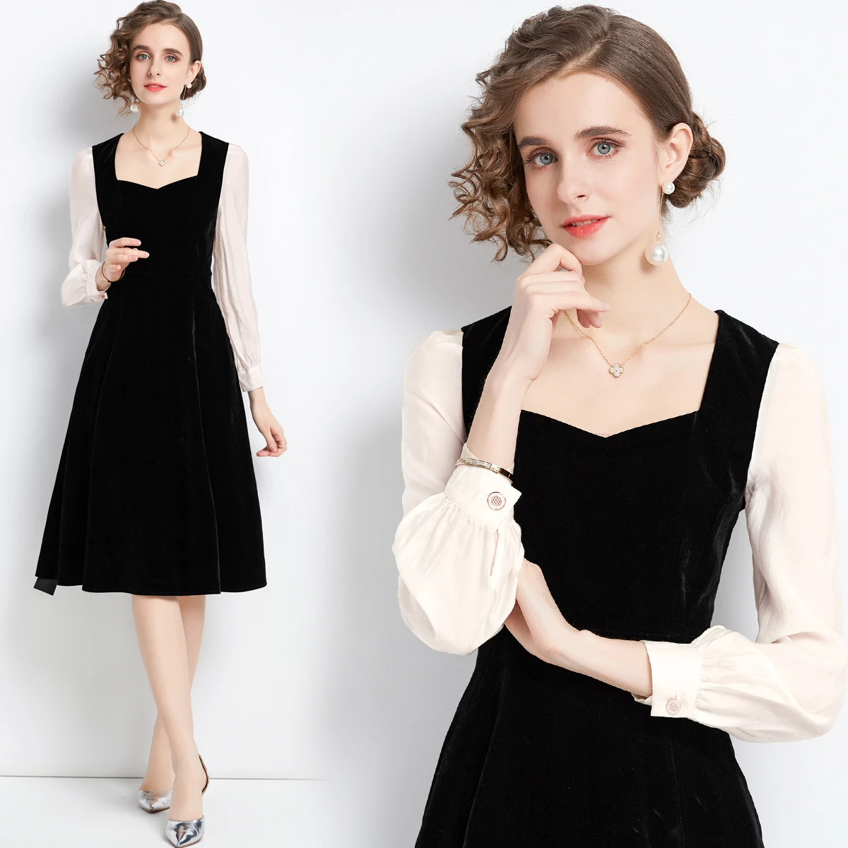 

Stitching bottoming velvet dress French retro Hepburn skirt HL8911073