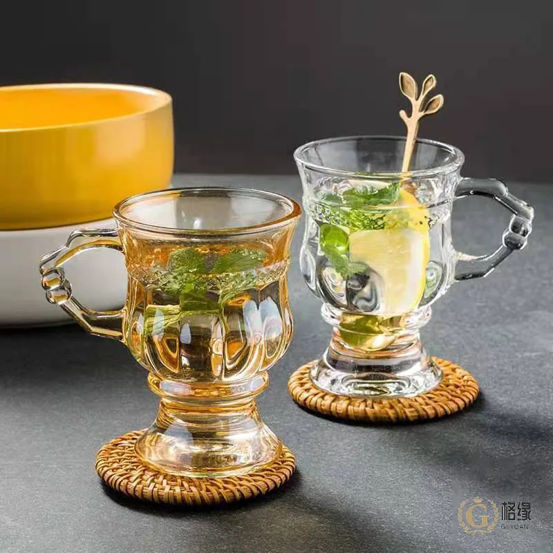 

Vintage Glass Breakfast Coffee Mug Relief Milk Tea Mugs with Handle Cute Amber Water Cups 125ml Light Luxury Girl Juice Cup