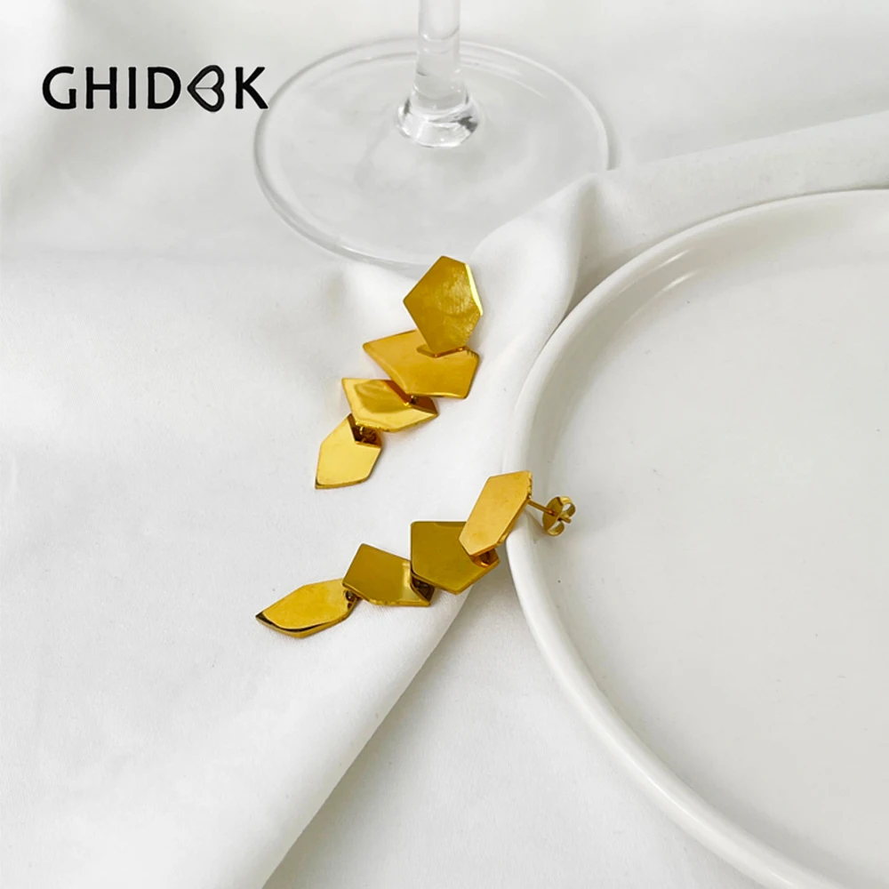 

GHIDBK Statement Solid Gold Pvd Plated Irregular Disc Drop Earrings Women Stainless Steel Mismatched Geometric Long Earrings