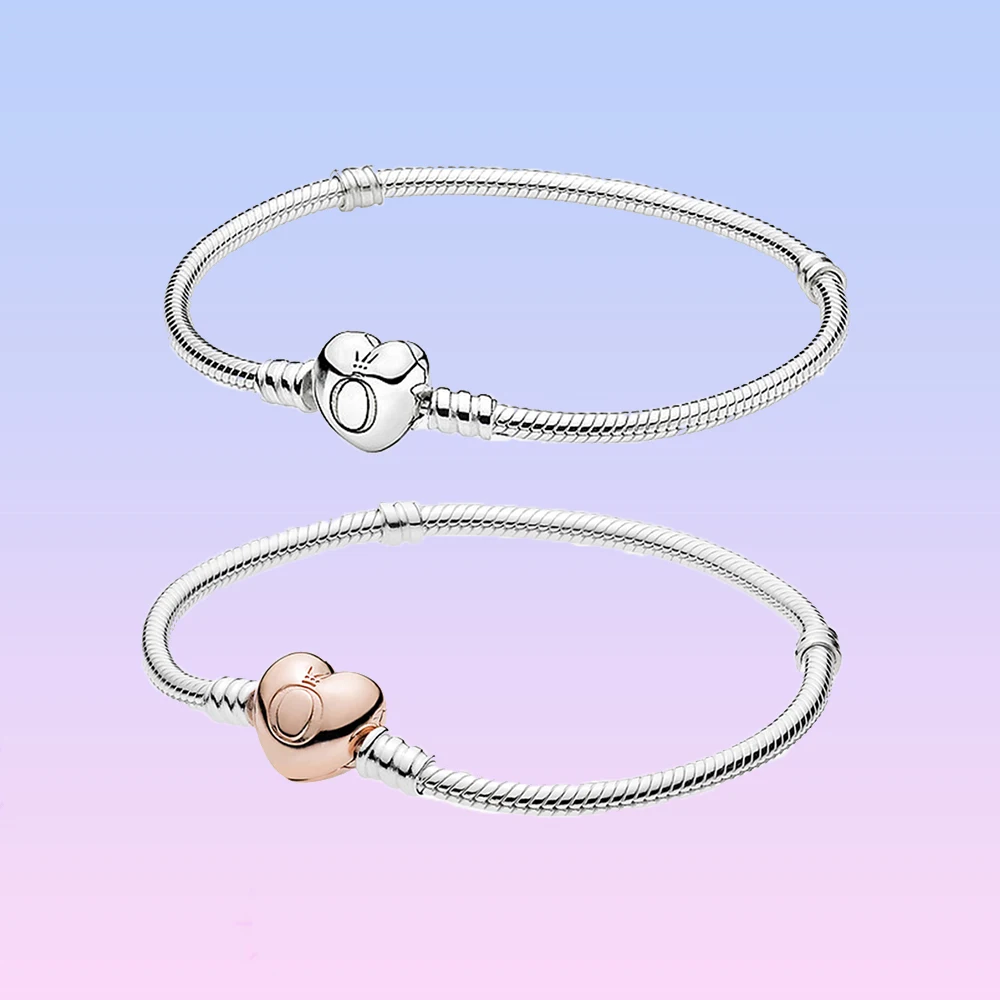 

Pandora Heart Clasp Snake-Bone Chain Bracelet 925 Silver fit Original Charm Beads DIY for Women Birthday Mother's Day Gifts