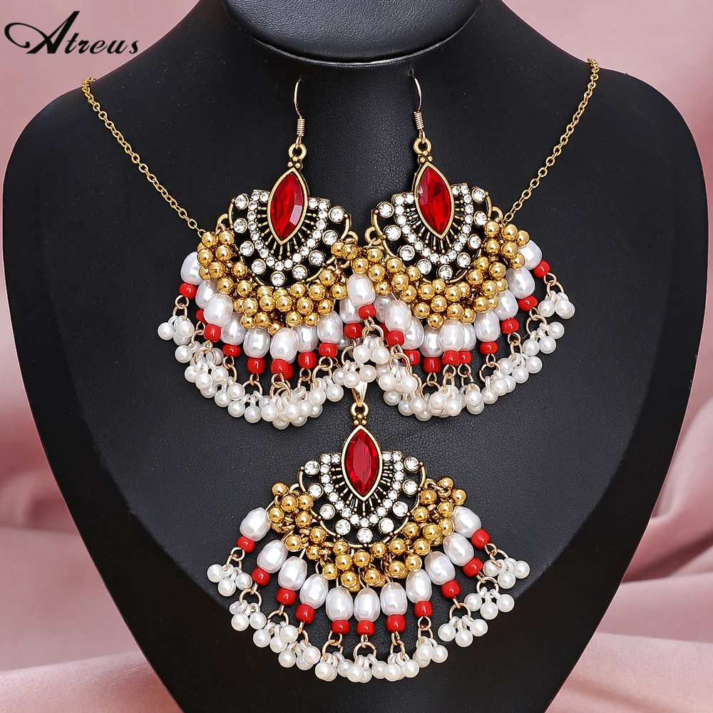 

Red Crystal Spike Arms Style Jewelry Set For Women Rhinestone Bohemian Imitation Baroque Pearl Beads Tassel Earrings Necklace