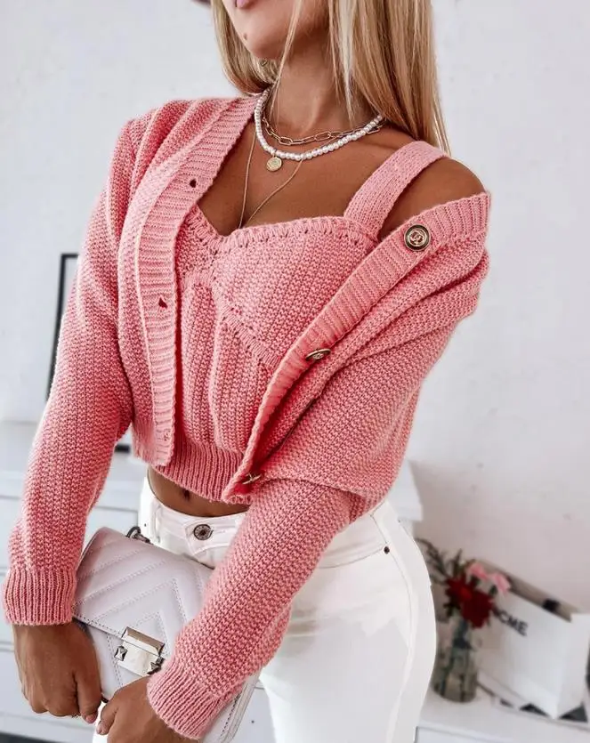 

Buttoned Pocket Design Cardigan with Crop Top Autumn Europe and America Fashion Women's Clothing Plain Casual Casual Sweater