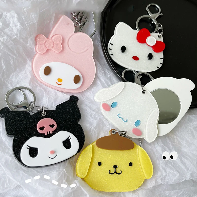 

Kuromi My Melody Kawaii Sanrio Cinnamoroll Rotatable Mirror Anime Glitter Doll Keychain Bag Pendant Portable Mirrors for Girls