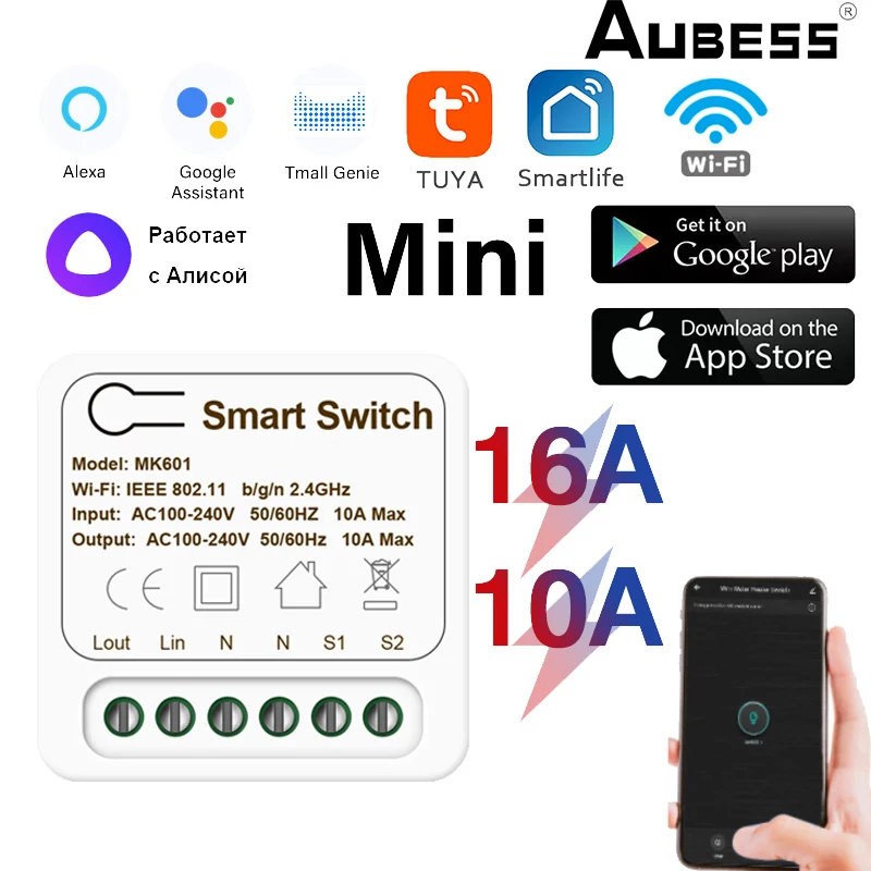 

10A/16A Tuya Mini WiFi Switch Module Smart Life Remote Voice Control Smart Light DIY Switch Smart Home With Alexa Google Home