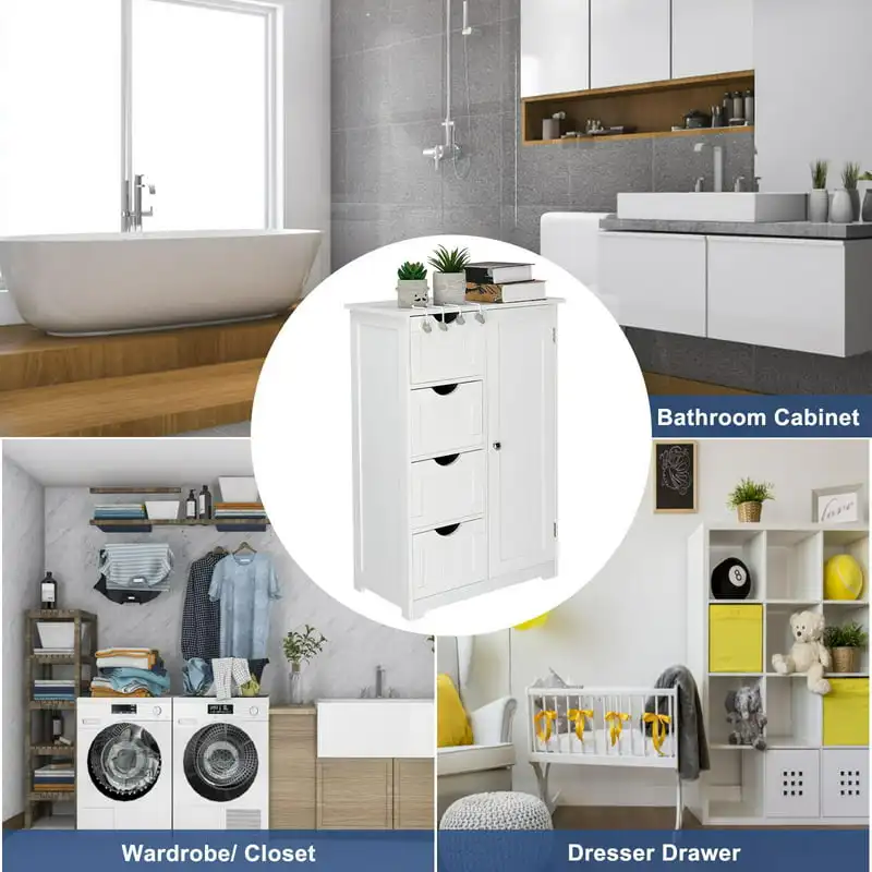 

Bathroom Floor Cabinet,Side Storage Organizer Cabinet with 4 Drawers,1 Cupboard & 2-Shelves,MDF,White Shelf Shelves Desk organiz