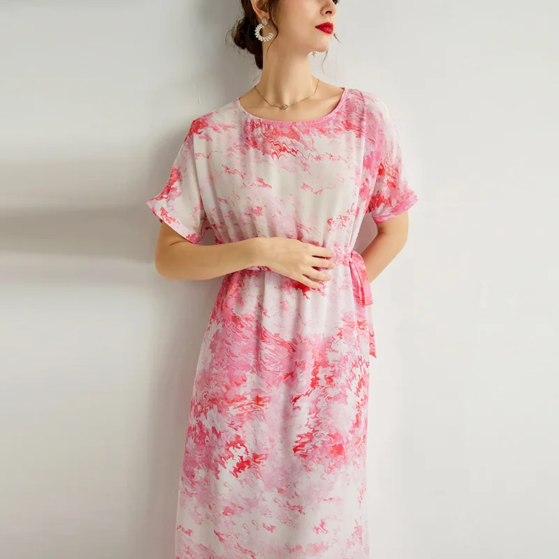 Pure Silk Dress for Women O-Neck Raglan Sleeve Waist Lace Up Loose Fit Dress Printing Mulberry Silk Crepe De Chine Dress FS2310