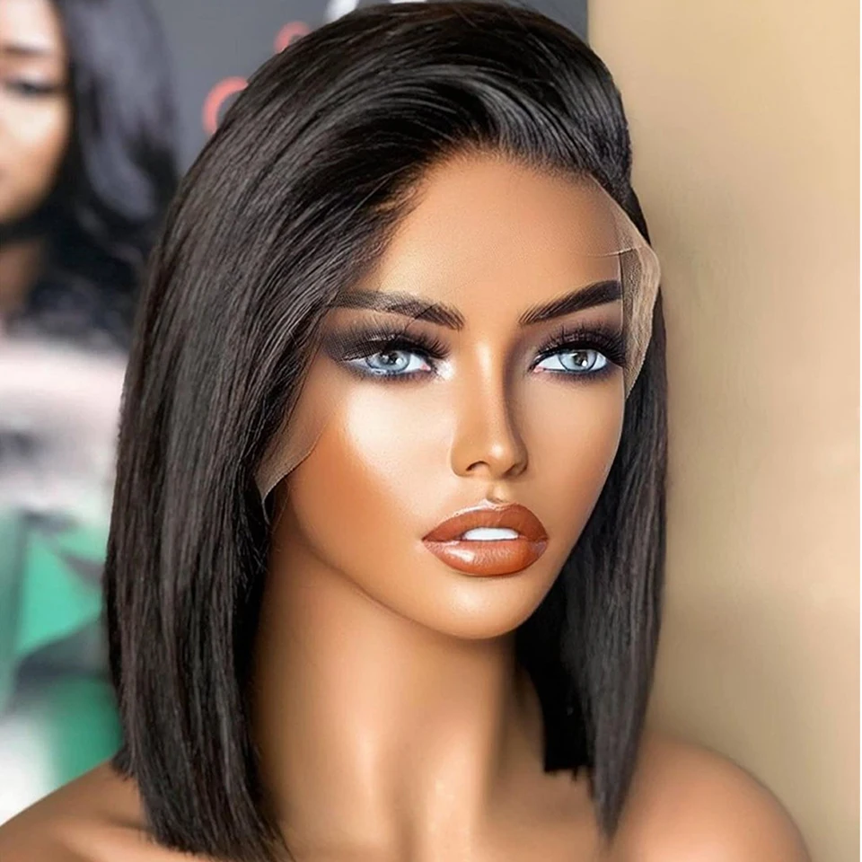 

Soft Natural Black Preplucked Glueless 180%Density Short Cut Bob Straight Deep Lace Front Wig For Women BabyHair Daily Cosplay