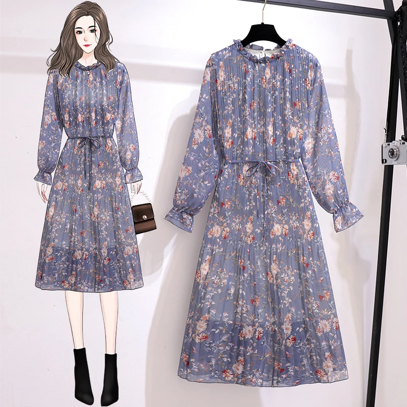 

Chiffon Women's Mid Length Dress Casual Fashion Summer Loose Floral Print Lotus Leaf Collar Long Sleeve Female Clothing