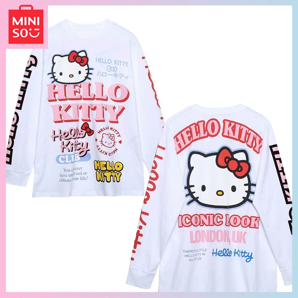 

Miniso мультфильм кавайный Hellokitty хлопок Печатный круглый вырез длинный рукав Женская Осенняя мода брендовая свободная парная Базовая рубашка