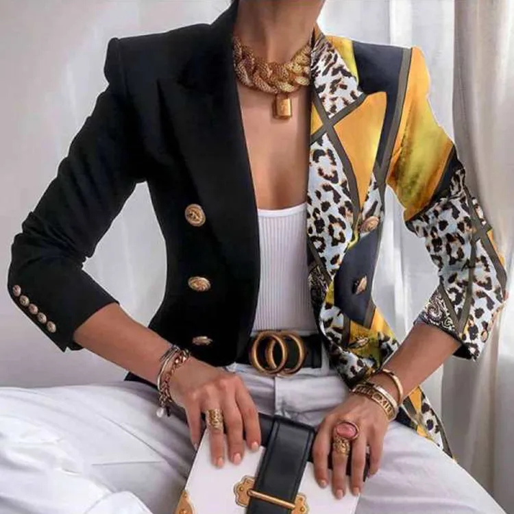 

Blazer Coat Autumn Patchwork Turn-Down Collar Women Outerwear Office Elegant Butterfly Print Spring Casual Long Sleeve Jacket