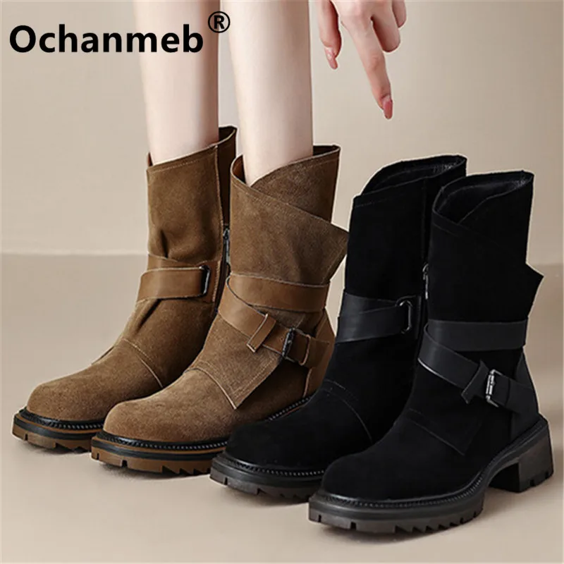 

Ochanmeb Women Genuine Leather Desert Hiking Boots Block Med Heel Platform Buckle Belt Zipper Martin Combat Ankle Boot Lady Shoe