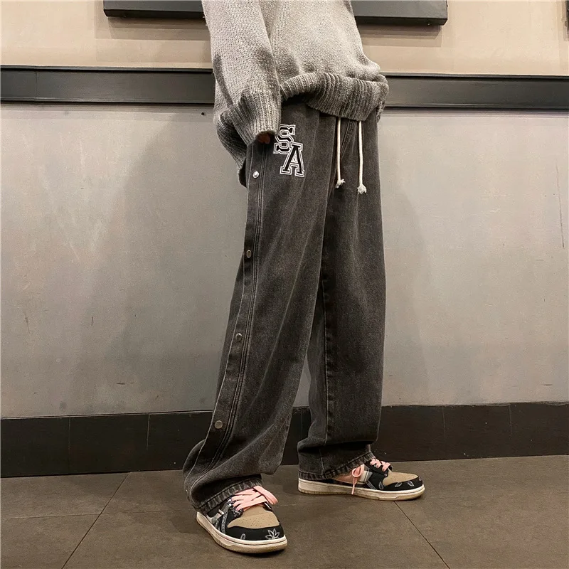 Brand Men's Side Row Solid Color Embroidery Jeans Straight-leg Pants Loose Wide-leg Jeans Trendy Street Men's джинсы для мужчин