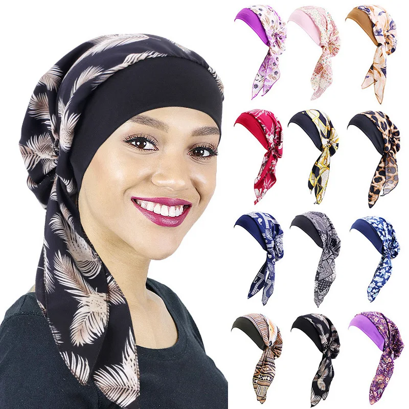

1pc Muslim Hijab Cancer Flower Print Hat Turban Cap Cover Hair Loss Head Scarf Wrap Pre-Tied Headwear Long Tail Chemo Cap