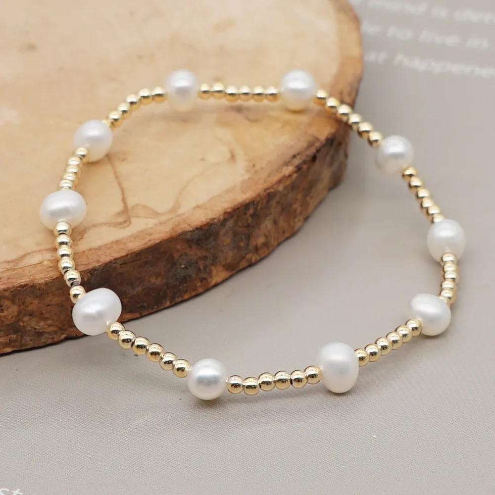 

Vlen Natural Freshwater Pearl Bracelet Elastic Gold Color Beaded Bracelets for Women Simple Real Pearls Pulseras Trendy Jewelry