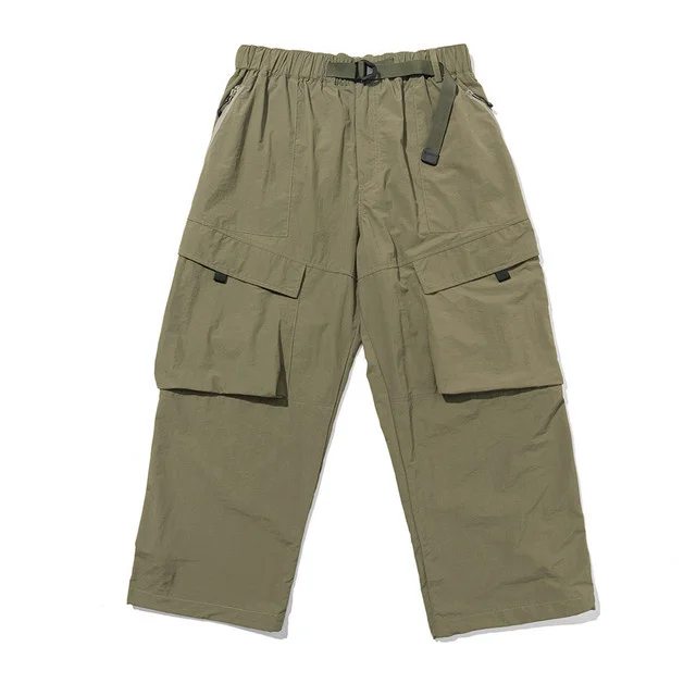 Solid Color Cargo Pants Mens Multi-Pocket Safari Style Adjustable Elastic Waist Wide Leg Loose Trousers Men Jogger Pants