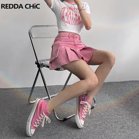 REDDACHiC Kawaii Pink Women Pleated Cargo Skirt High Rise Lined Mini Short Jeans Denim Skirt Sweet Girl Fairy Grunge Y2k Clothes