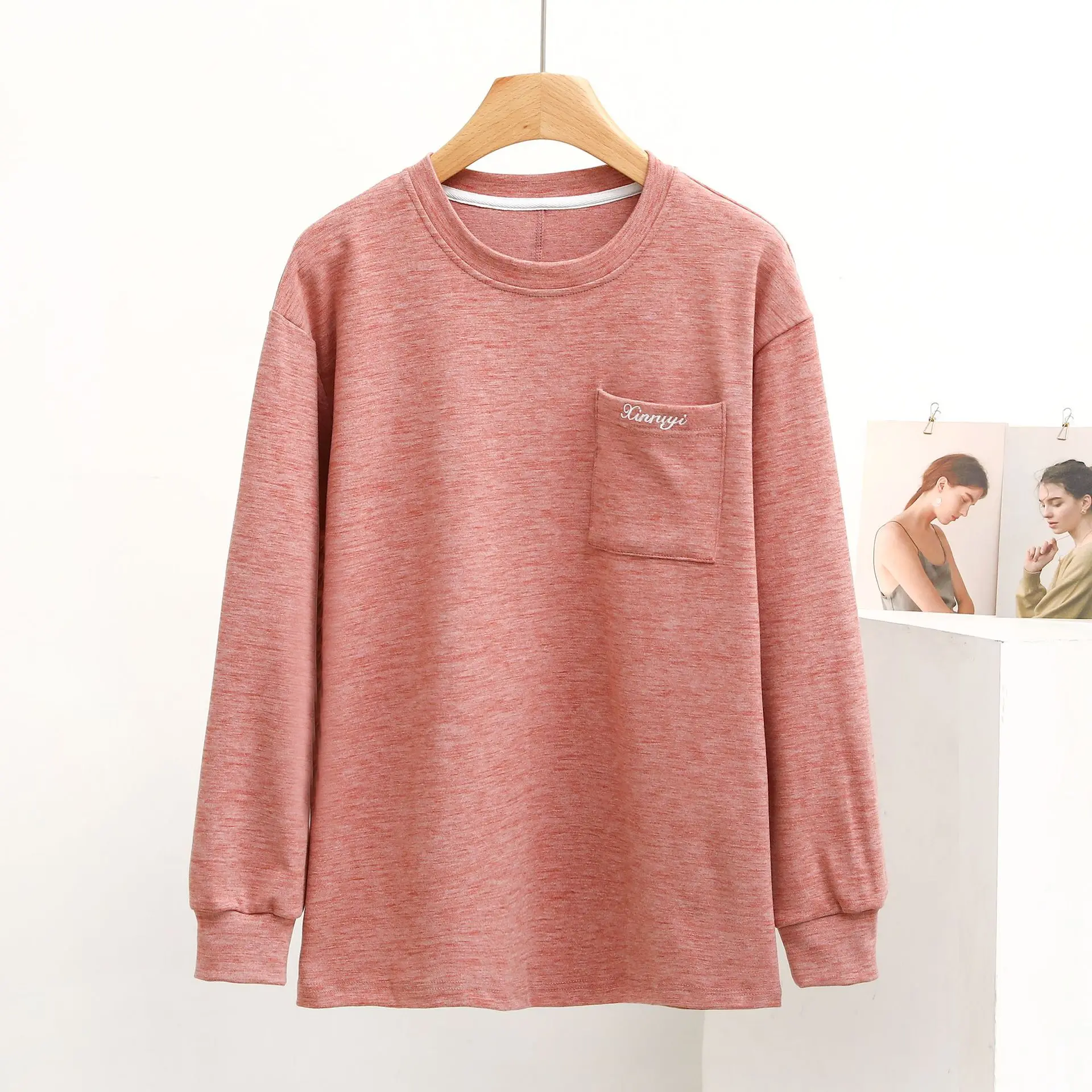 Women Loungewear Sweatshirt Pajamas Autumn Symphony Flat Velvet Round Neck Long Sleeve Pocket Fashion Thick One Piece Casual Top