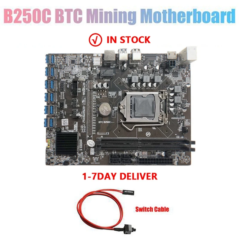 

B250C BTC Mining Motherboard+Switch Cable 12XPCIE to USB3.0 GPU Slot LGA1151 Support DDR4 DIMM RAM Computer Motherboard