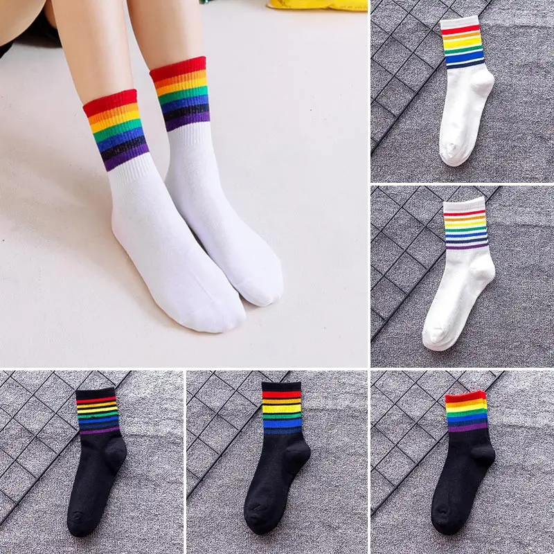 Fashion Rainbow Striped LGBT Kawaii Streetwear Women Socks Warm Funny Candy White Black Cute Short Winter Men Cotton Happy Socks