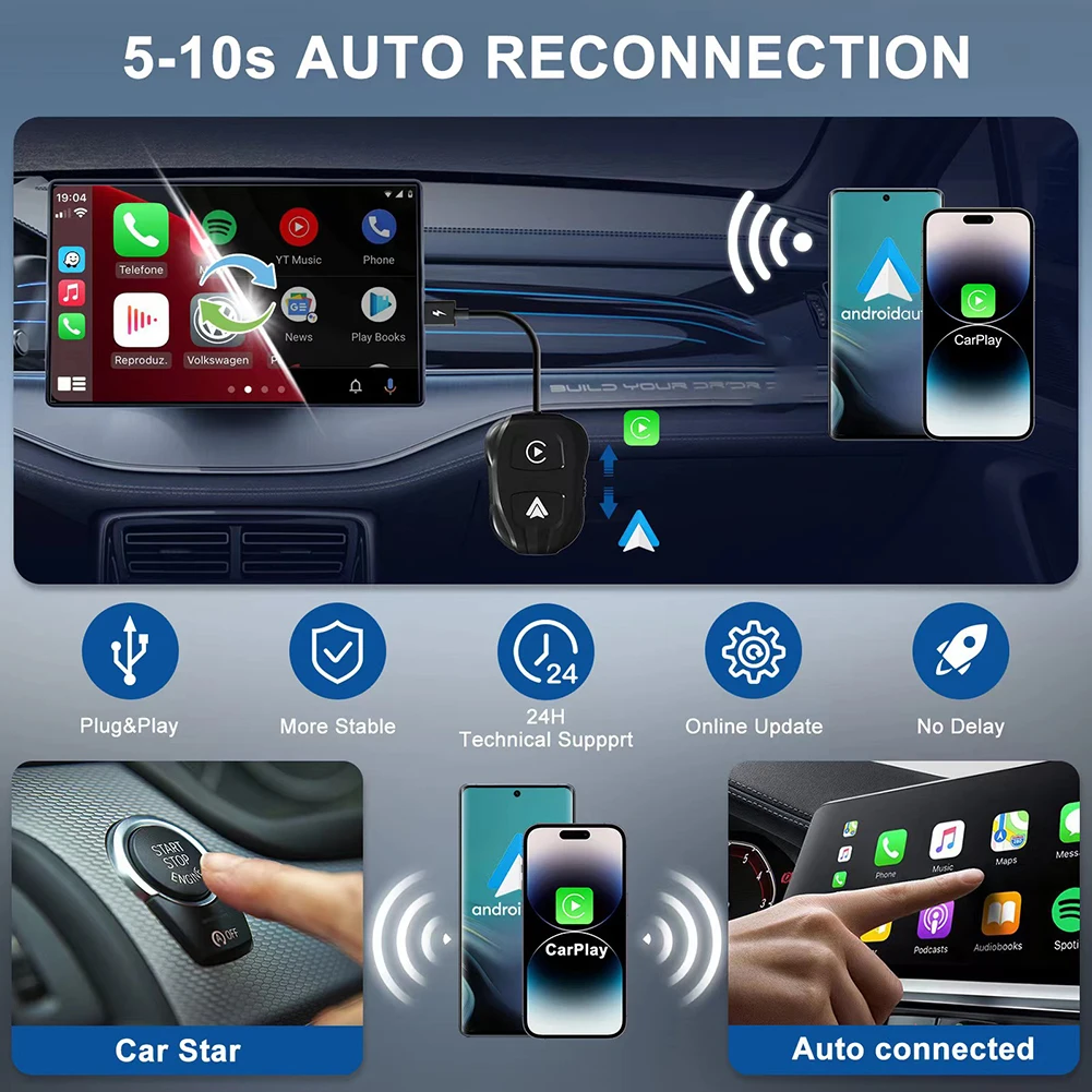 

Проводной и беспроводной автомобильный адаптер Carplay Android с ИИ-приставкой, Беспроводной Wi-Fi 5 ГГц для iPhone iOS 12 +/ Android 11 +, телефона