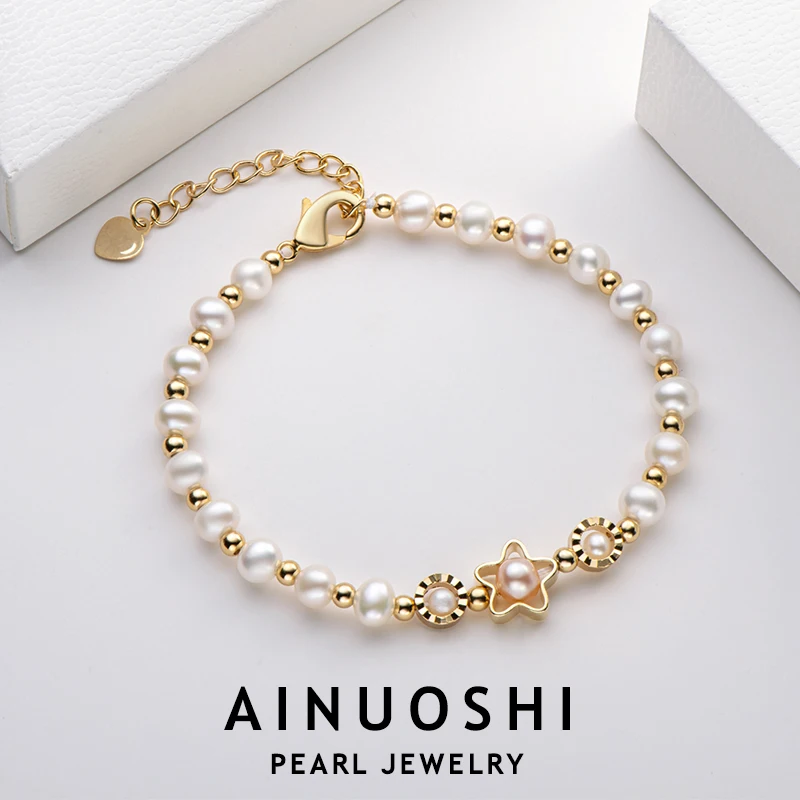

AINUOSHI модный 14K позолоченные звезды Шарм Браслеты 4,5-6 мм натуральный пресноводный жемчуг браслет для девочек друзей Рождественский подарок