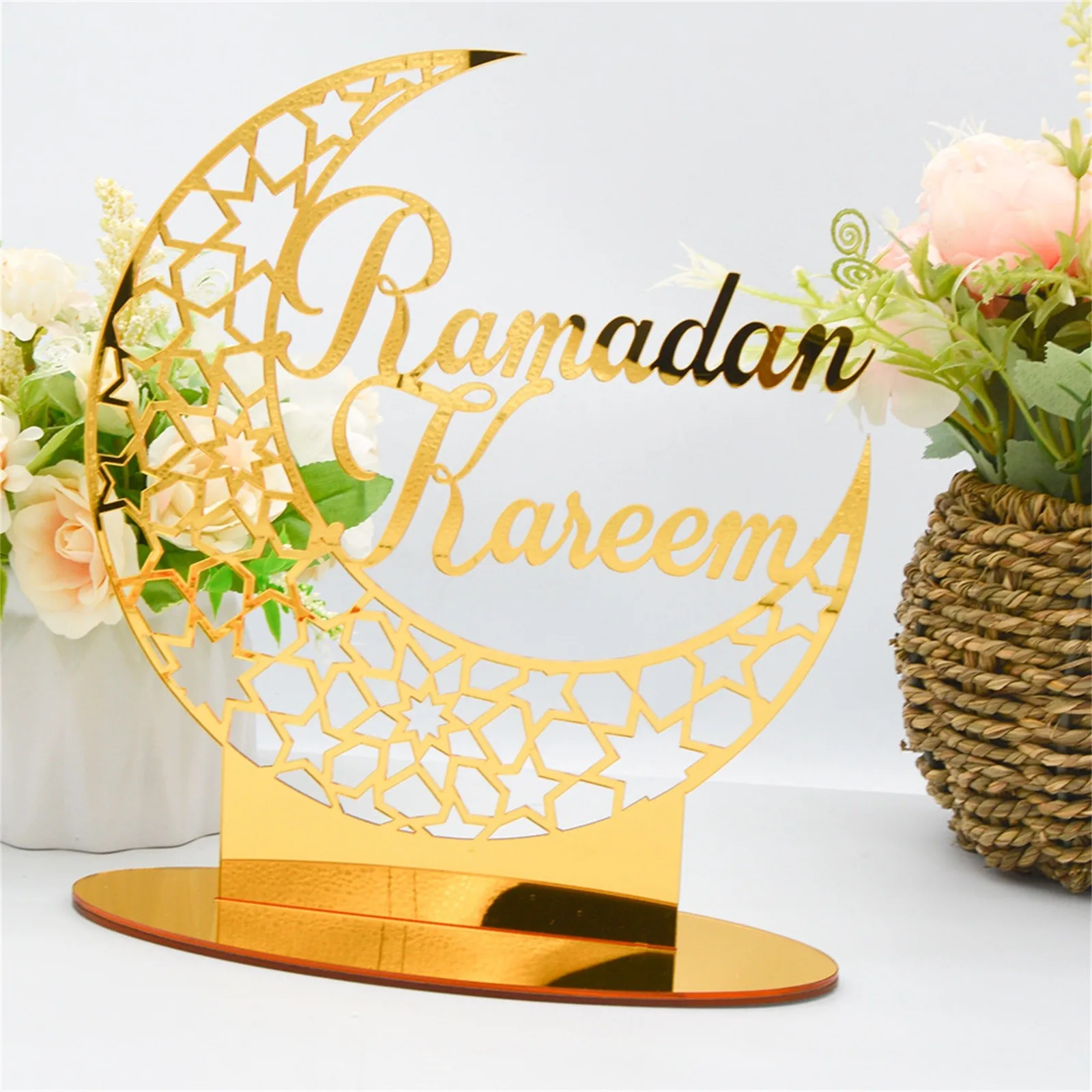 

Ramadan Kareem Acrylic Ornament Eid Mubarak Moon Shaped Crafts For Home Islamic Muslim Golden Moon Decor Party Supplies a40