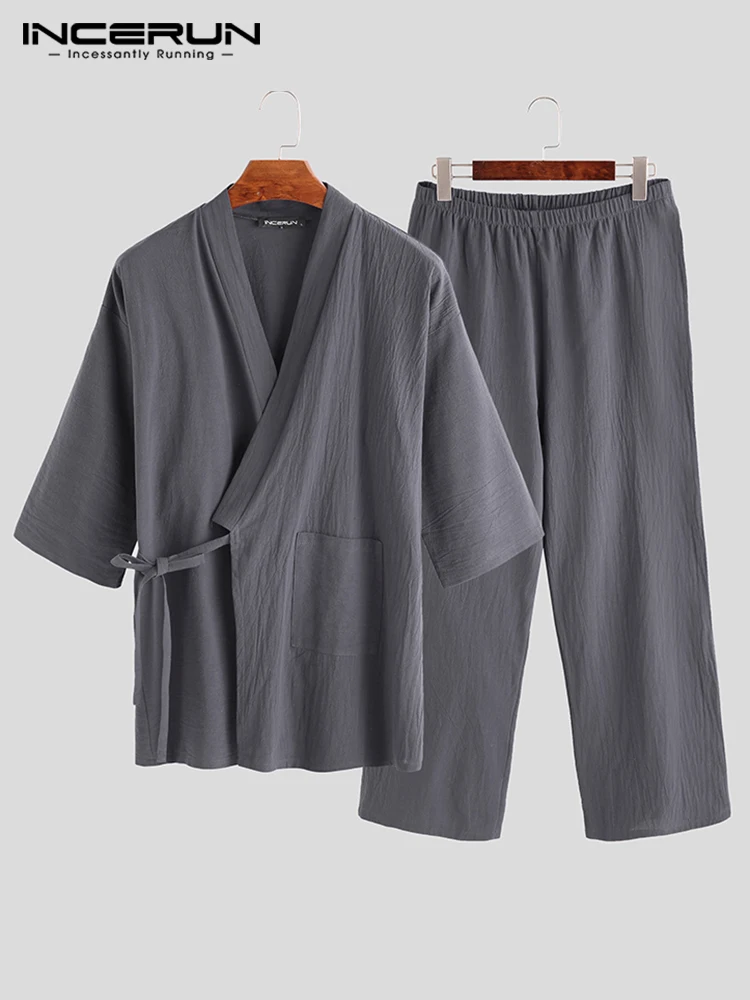 INCERUN Japanese Style Men Pajamas Kimono Loose Male Robe Short Sleeve Sets Sleepwear Cotton Comfortable Pajamas Bathrobes L-5XL