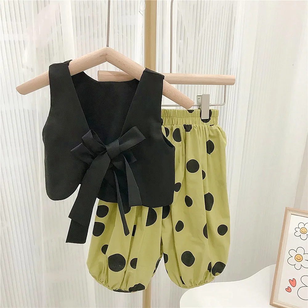 

Summer Two-Piece Set Children's Clothing Outfits Girls Casual Suits Kids Sleeveless Bowknot Blouse Polka Dot Lantern Loose Pant