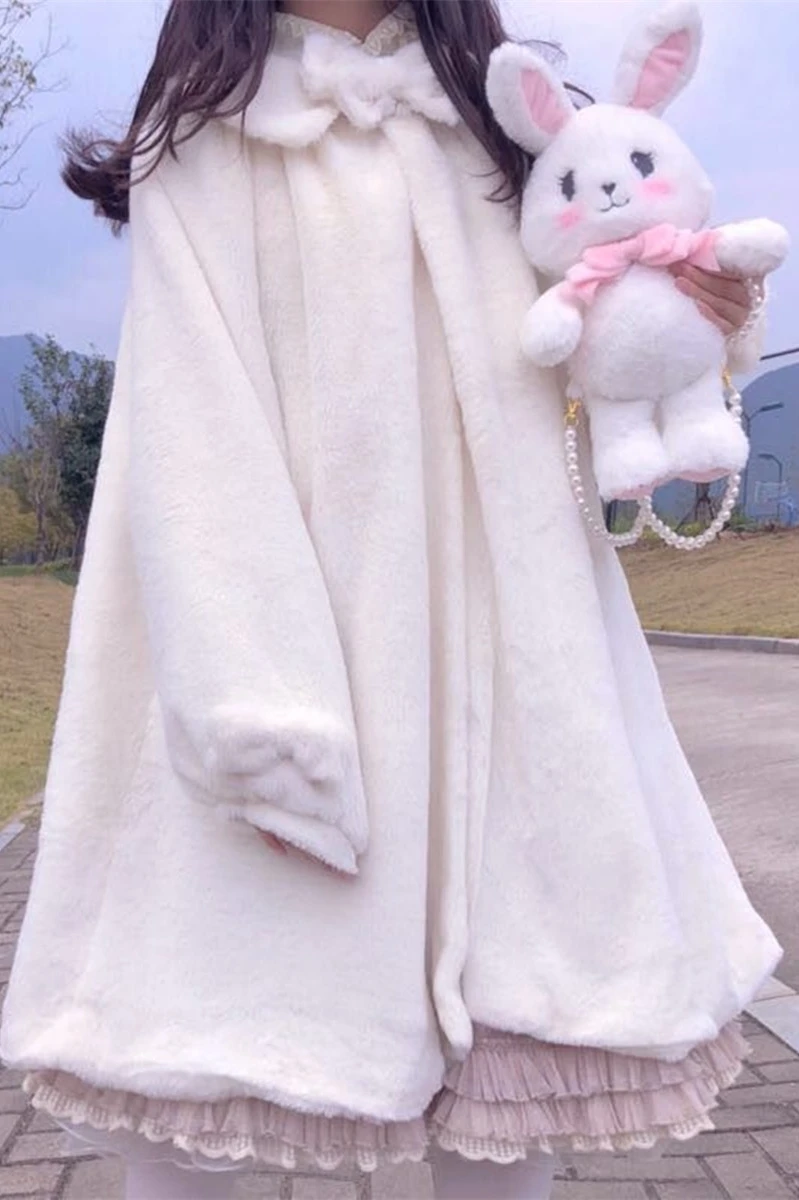 Japanese Girl Fleece-Lined Thickened Fur Coat Women Cute 2022 Autumn and Winter New Lolita Rabbit Ears Lolita White Plush Coats