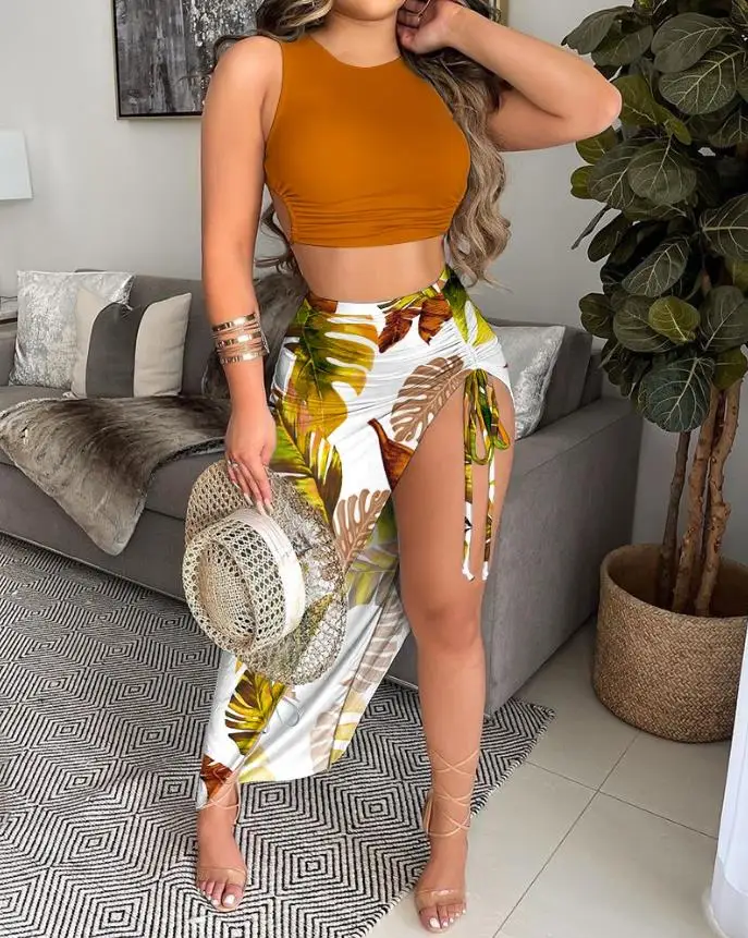 

Fashion Solid Tank Top & Drawstring Ruched Slit Thigh Tropical Skirt Set Sleeveless Maxi Summer Sexy Vacation Beach Skirts Sets