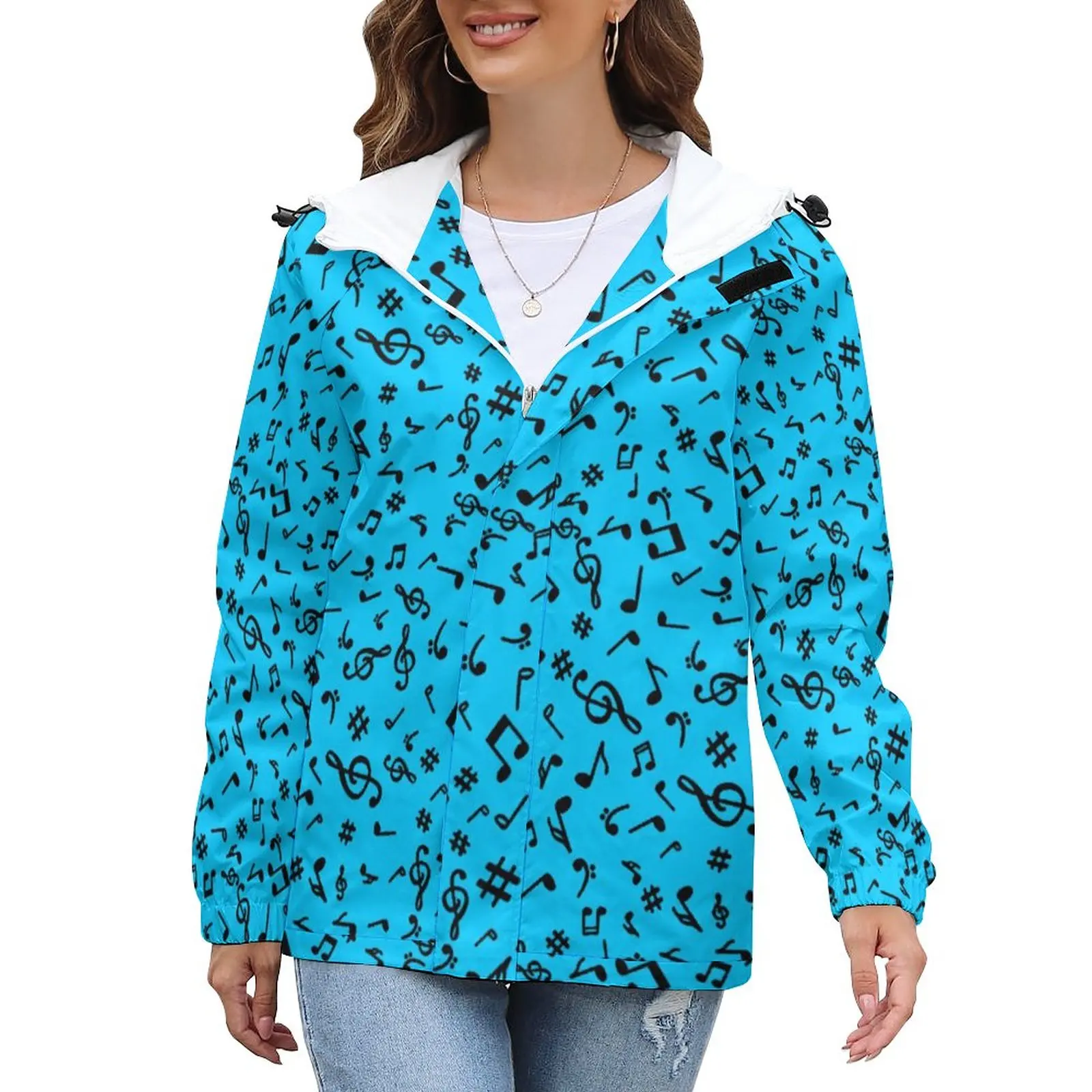 

Music Notes Casual Jackets Autumn Blue and Black Outerwear Coats Women Graphic Aesthetic Waterproof Jacket Large Size