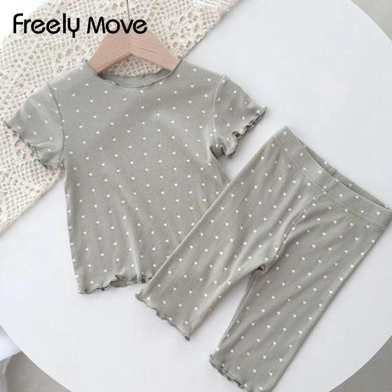 Freely Move Baby Girls Pajamas Set Summer Cotton Print Dot Short Sleeve T shirt Two Piece Set Home Wear Infant Toddler Unisex