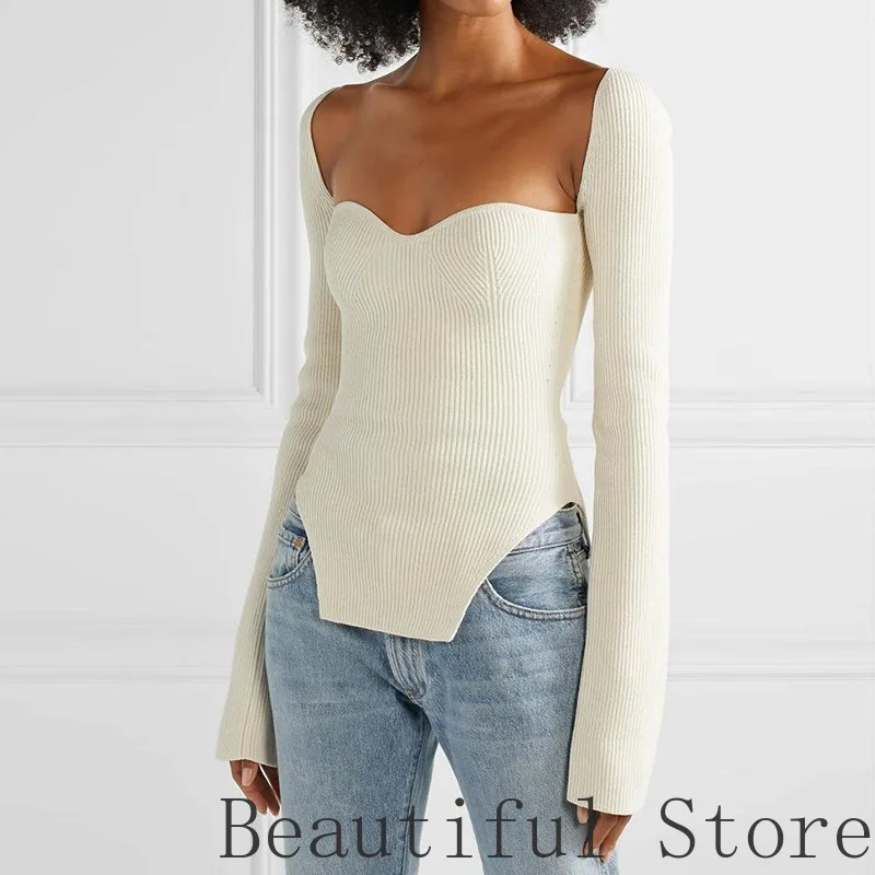 

High quality fashion women clothes new style Elegant sexy square neck court slim split solid color knitting elastic sweater S-XL