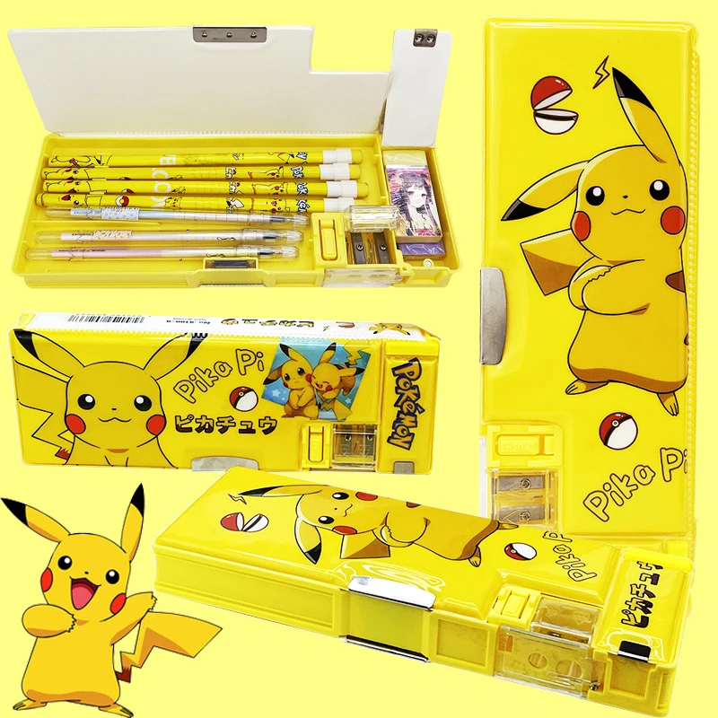 Case Pikachu Kawaii Anime Pen Box School Student Kid Multifunction High Capacity Stationery Double Layer Pens Bag
