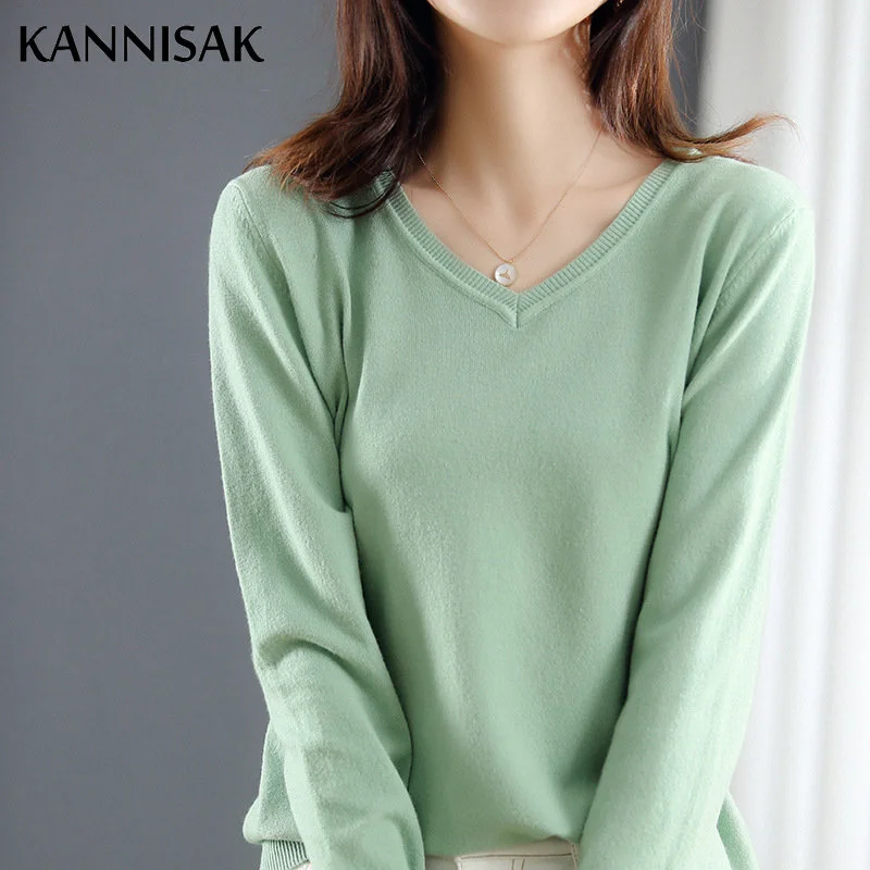 

2023 Autumn Winter Women Sweater Korean Fashion V-neck Solid Knit Warm Long Sleeve Pullover Spring Slim Fit Pull Femme Basic Top