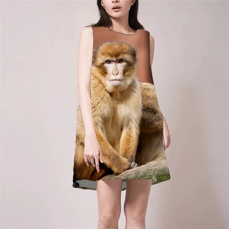 

Платье женское пляжное с круглым вырезом, короткое свободное мини-платье без рукавов, с 3D принтом обезьяны, Повседневная Уличная одежда, на ...