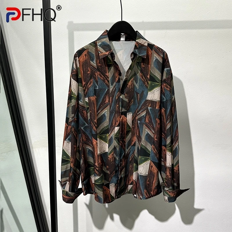 

PFHQ 2023 Summer New Fashion Shirts For Men Long Sleeve Single Breasted Geometric Printing Loose Men's Blouse Clothing 21F3669