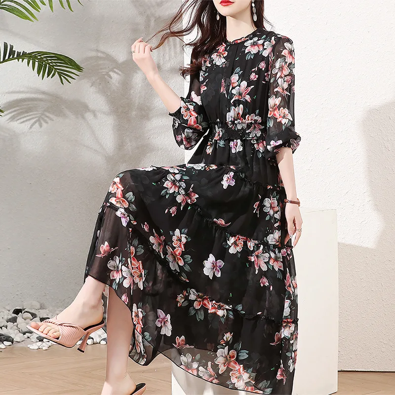 100% Silk 2022 Women Summer Dress New Fashion Elegant Dresses Women Long-sleeved Self-cultivation Casual Floral Maxi Dress Lq41