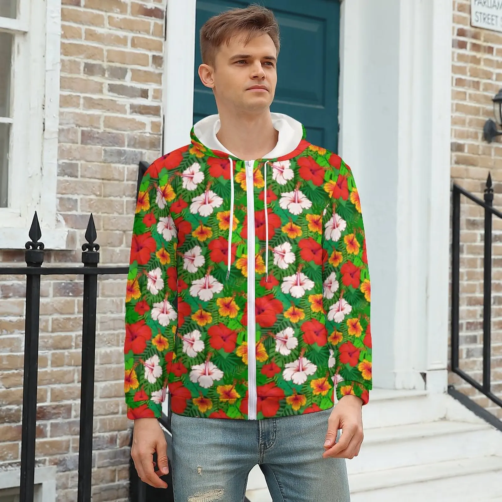 

Colorful Bright Flowers Hoodies Hawaiian Tropical Print Polyester Zip Up Hoodie Stylish Warm Hoodie Over Size
