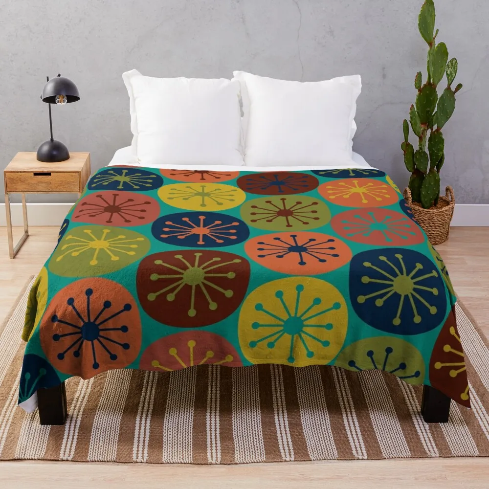 

Декоративное одеяло Atomic ретро в горошек с современным узором середины века, оливковый зеленый, горчичный, оранжевый, синий и бирюзовый